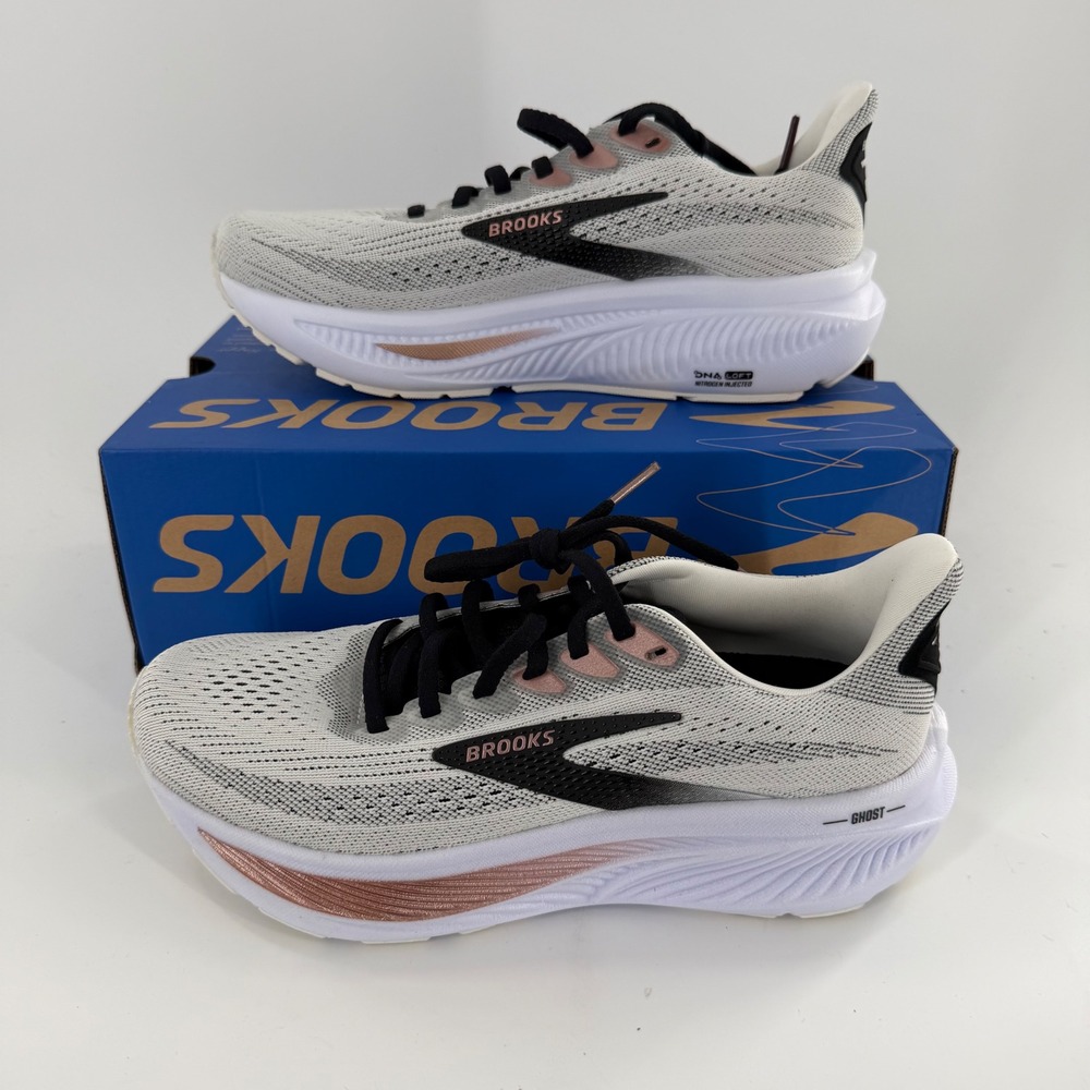Brooks Ghost 17 Womens Running Shoes White Black Rose Gold 1204311B105 Size 6.5